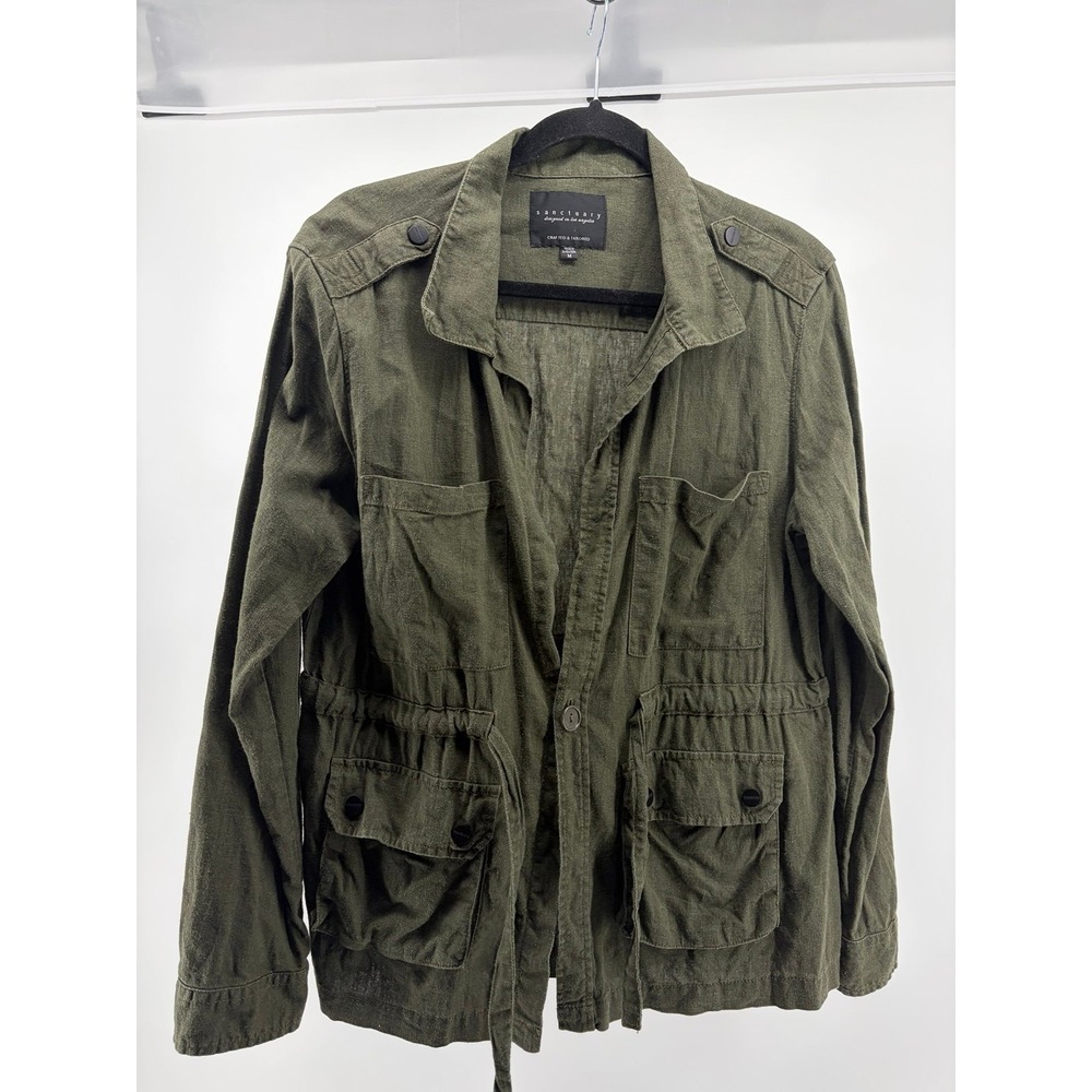 Sanctuary Green Linen Blend Utility Roll Tab Sleeve Jacket - Women's Medium